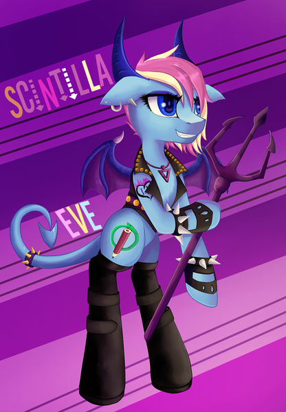 Size: 1017x1468 | Tagged: safe, artist:evescintilla, derpibooru import, oc, oc:eve scintilla, unofficial characters only, demon, imp, pony, semi-anthro, abstract background, bat wings, bipedal, clothes, devil, devil horns, devil tail, eyeshadow, fingerless gloves, gloves, horns, jacket, latex, latex boots, leather jacket, makeup, piercing, pitchfork, punk, smiling, smirk, solo, spiked wristband, tattoo, text, wristband