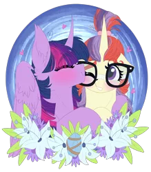 Size: 1894x2166 | Tagged: safe, artist:cloud-drawings, derpibooru import, moondancer, twilight sparkle, twilight sparkle (alicorn), alicorn, pony, unicorn, blushing, eyes closed, female, glasses, hug, kissing, lesbian, mare, nuzzling, shipping, smiling, twidancer