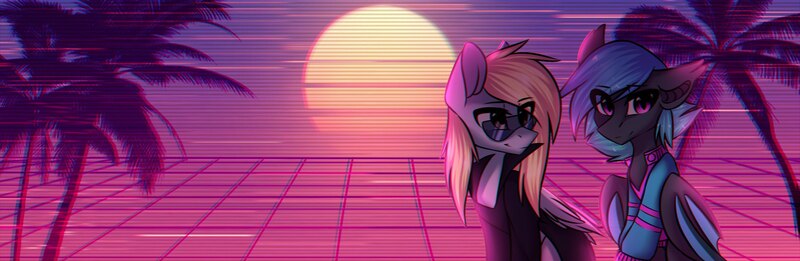 Size: 1840x600 | Tagged: safe, artist:norra, derpibooru import, derpy hooves, oc, oc:moondrive, bat pony, pegasus, pony, 80s, clothes, color porn, derpfest, glasses, grid, jacket, looking at you, mascot, neon, outrun, palm tree, retro, retrowave, sun, tree