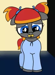 Size: 3000x4127 | Tagged: safe, artist:an-tonio, artist:vitalspark, derpibooru import, edit, oc, oc:arian blaze, unofficial characters only, pegasus, pony, absurd resolution, clothes, female, filly, floppy ears, pacifier, pajamas, pigtails, sad, solo