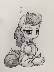 Size: 960x1280 | Tagged: safe, artist:bobdude0, derpibooru import, octavia melody, earth pony, pony, bowtie, coffee, commission, cute, female, grumpy, hnnng, mare, monochrome, simple background, sitting, sketch, sleepy, solo, tired, traditional art