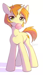 Size: 1107x1920 | Tagged: safe, artist:fensu-san, derpibooru import, oc, oc:high impact, unofficial characters only, pony, unicorn, bubblegum, female, food, gum, mare, solo