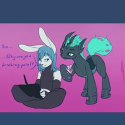 Size: 1000x1000 | Tagged: anthro, artist:jarwis, bottle, changeling, changeling oc, clothes, derpibooru import, dialogue, drawing tablet, easter, evening gloves, explicit source, eye contact, fingerless elbow gloves, furry, gay, gloves, lidded eyes, long gloves, looking at each other, male, non-mlp oc, oc, oc:verse, part of a set, plantigrade anthro, rabbit, safe, sitting, socks, speech bubble, stallion, tablet, thigh highs, unofficial characters only