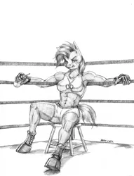 Size: 1100x1441 | Tagged: safe, artist:baron engel, derpibooru import, babs seed, anthro, earth pony, unguligrade anthro, abs, armpits, belly button, boxing gloves, boxing ring, boxing shoes, boxing shorts, breasts, clothes, female, freckles, grayscale, mare, midriff, mma gloves, monochrome, muscles, muscular female, older, pencil drawing, shoes, shorts, simple background, sketch, solo, sparring, sports bra, sports shoes, sports shorts, traditional art, training, water bottle, white background