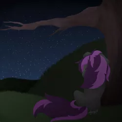 Size: 894x894 | Tagged: safe, artist:melonmarie, artist:melonzy, derpibooru import, oc, oc:luscious dreams, unofficial characters only, pony, female, looking up, mare, night, sad, solo, stars, tree, tree branch