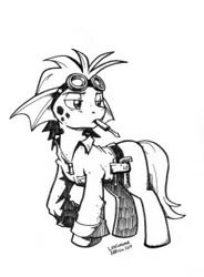 Size: 243x330 | Tagged: artist:clear skies, artist:latecustomer, babscon, black and white, derpibooru import, goggles, grayscale, inked, kelpie, mechanic, monochrome, mouth hold, roan rpg, safe, screwdriver, simple background, solo, traditional art, white background