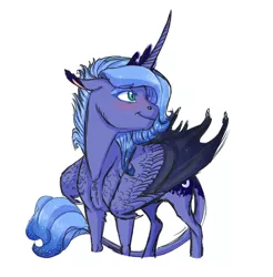 Size: 900x913 | Tagged: safe, artist:earthsong9405, deleted from derpibooru, derpibooru import, princess luna, alicorn, bat pony, bat pony alicorn, classical unicorn, pony, bat wings, curved horn, female, floppy ears, hybrid wings, leonine tail, lunabat, mare, race swap, s1 luna, simple background, solo, white background, wing claws, younger