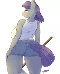 Size: 1056x1300 | Tagged: suggestive, artist:drbdnv, derpibooru import, maud pie, anthro, earth pony, ass, boulder buns, breasts, busty maud pie, clothes, daisy dukes, female, mare, pickaxe, rear view, shorts, simple background, solo, solo female, tanktop, wide hips