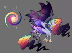 Size: 1600x1173 | Tagged: safe, artist:earthsong9405, deleted from derpibooru, derpibooru import, princess celestia, princess luna, alicorn, bicorn, classical unicorn, pony, seraph, seraphicorn, unicorn, cloven hooves, curved horn, ethereal mane, fusion, glowing eyes, gray background, hybrid wings, leonine tail, multiple wings, simple background, six wings, solo, starry mane, starry wings, unshorn fetlocks, wing claws