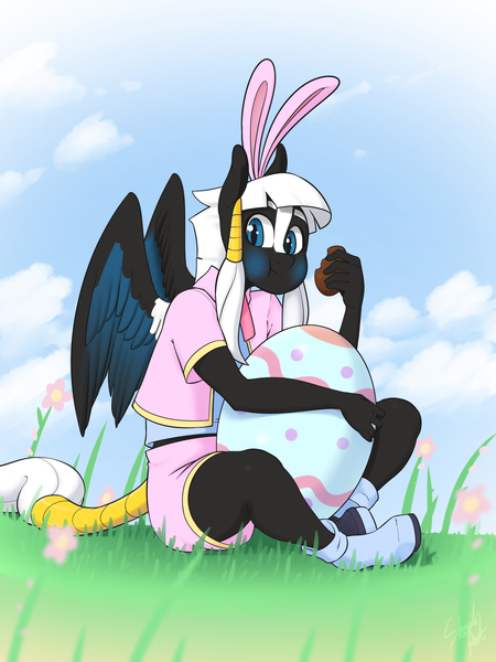 Size: 1920x2558 | Tagged: anthro, anthro oc, artist:skecchiart, bunny ears, chocolate, clothes, derpibooru import, easter, easter egg, eating, food, gift art, grass, holiday, oc, oc:corvus rey, pegasus, plantigrade anthro, safe, shoes, solo, unofficial characters only