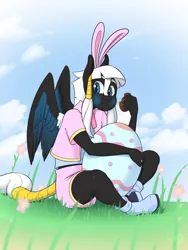 Size: 1920x2558 | Tagged: anthro, anthro oc, artist:skecchiart, bunny ears, chocolate, clothes, derpibooru import, easter, easter egg, eating, food, gift art, grass, holiday, oc, oc:corvus rey, pegasus, plantigrade anthro, safe, shoes, solo, unofficial characters only