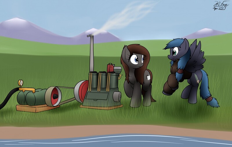 Size: 1280x812 | Tagged: safe, artist:the-furry-railfan, derpibooru import, oc, oc:night strike, oc:pressure cooker, unofficial characters only, earth pony, pegasus, pony, air pump, clothes, engine, jacket, lake, mountain, outdoors, sequence, story included, this will end in balloons