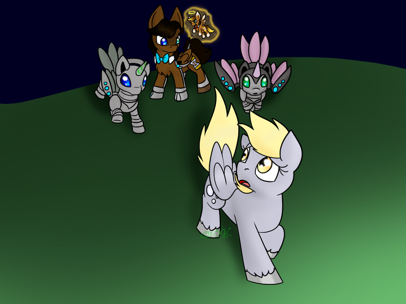 Size: 1024x768 | Tagged: safe, artist:usagi-zakura, derpibooru import, derpy hooves, oc, oc:mister clever, cyborg, pegasus, pony, chibi angel doctor, doctor who, eleventh doctor, female, mare