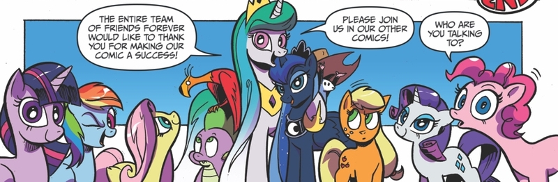 Size: 910x298 | Tagged: safe, artist:andypriceart, derpibooru import, idw, applejack, fluttershy, philomena, pinkie pie, princess celestia, princess luna, rainbow dash, rarity, spike, tiberius, twilight sparkle, twilight sparkle (alicorn), alicorn, dragon, pony, spoiler:comic, spoiler:comicff38, andy you magnificent bastard, fourth wall, irony, mane six