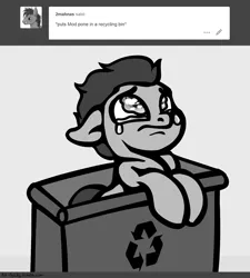 Size: 1280x1420 | Tagged: artist:slavedemorto, ask, crying, derpibooru import, hello darkness my old friend, monochrome, oc, oc:modpone, recycle bin, sad, safe, solo, tumblr, unofficial characters only