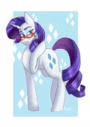 Size: 1024x1448 | Tagged: artist:greenteadragonboi, cutie mark background, derpibooru import, glasses, hoof in mane, rarity, safe, smiling, solo