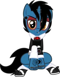 Size: 1093x1386 | Tagged: safe, artist:lightningbolt, derpibooru import, ponified, pony, unicorn, .svg available, armband, belt, clothes, ear piercing, emo, eyeshadow, frank iero, frown, gauges, hair over one eye, horn piercing, lip piercing, looking at you, makeup, male, my chemical romance, necktie, nose piercing, piercing, rolled up sleeves, shirt, shoes, simple background, sitting, socks, solo, stallion, svg, tattoo, three cheers for sweet revenge, transparent background, undershirt, vector, vest