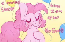 Size: 4000x2600 | Tagged: safe, artist:fluffyxai, derpibooru import, pinkie pie, earth pony, pony, balloon, colored sketch, eyes closed, female, harry potter, hoof on chest, joke, mare, pledge, reference, silly, silly pony, smiling, solo, text, up to no good