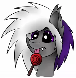 Size: 1026x1050 | Tagged: safe, artist:nacle, derpibooru import, oc, oc:nightwalker, unofficial characters only, bat pony, pony, candy, fangs, food, head only, lollipop