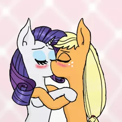 Size: 350x350 | Tagged: safe, artist:eulicious, derpibooru import, applejack, rarity, abstract background, blushing, female, kissing, lesbian, rarijack, shipping