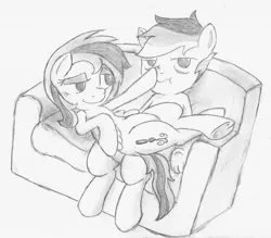 Size: 1620x1422 | Tagged: artist:spackle, boop, couch, derpibooru import, monochrome, oc, oc:buck evergreen, oc:varla streak, safe, scrunchy face, smiling, traditional art, unamused, underhoof, unofficial characters only