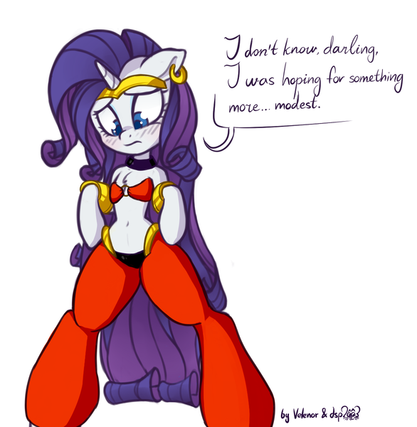 Size: 1122x1148 | Tagged: safe, artist:dsp2003, artist:lovepaddles, derpibooru import, rarity, genie, pony, semi-anthro, unicorn, belly button, belly dancer, bipedal, blushing, clothes, collaboration, colored, cosplay, costume, dialogue, dressup game, midriff, shantae, shantae (character), simple background, solo, white background