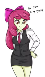Size: 2007x3472 | Tagged: safe, artist:sumin6301, derpibooru import, apple bloom, equestria girls, adorabloom, bow, breasts, business suit, busty apple bloom, clothes, cute, dialogue, female, hair bow, looking at you, miniskirt, moe, necktie, red hair, skirt, skirt suit, smiling, solo, suit, waistcoat