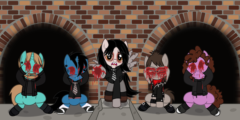 Size: 5291x2646 | Tagged: semi-grimdark, artist:lightningbolt, derpibooru import, ponified, earth pony, pegasus, pony, unicorn, .svg available, angry, belt, blood, bloody, bob bryar, bricks, broken wing, clandestine industries, clothes, concrete, covering face, dripping, ear piercing, emo, eyes closed, eyeshadow, facewing, fangs, frank iero, gauges, gerard way, glasses, group, hair over one eye, hood, horn piercing, jacket, lip piercing, looking at you, makeup, male, mikey way, my chemical romance, necktie, nose piercing, piercing, raised hoof, ray toro, scarf, shirt, shoes, sitting, sneakers, socks, stallion, standing, suit, svg, tattered, tattoo, three cheers for sweet revenge, underhoof, undershirt, vector, wing hands, wristband, zipper