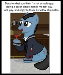 Size: 441x523 | Tagged: 1st awesome platoon, alcohol, artist:ethanchang, blatant lies in the tags, clothes, derpibooru import, gay, homosexuality, male, navy, not gay, oc, oc:bellbottom, suggestive, uniform, unofficial characters only