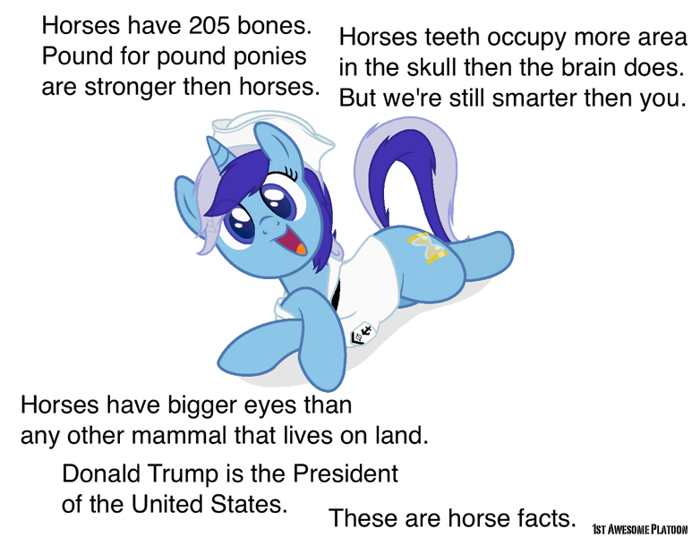 Size: 1200x931 | Tagged: safe, artist:ethanchang, derpibooru import, minuette, pony, unicorn, 1st awesome platoon, comedy, cute, donald trump, horse facts, politics, prone, solo