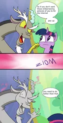 Size: 2481x4835 | Tagged: safe, artist:doublewbrothers, derpibooru import, edit, discord, twilight sparkle, twilight sparkle (alicorn), alicorn, pony, celestial advice, absurd resolution, anger magic, annoyed, backfire, blackmail, comic, dialogue, female, looking at you, magic, male, mare, onomatopoeia, petrification, smiling, sound effects, speech bubble, stallion, statue