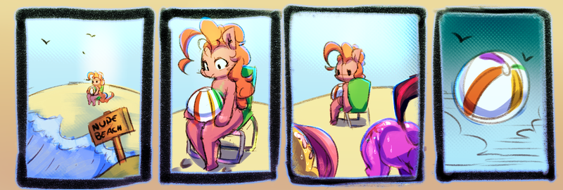 Size: 1200x405 | Tagged: artist:lunarmarshmallow, beach, beach ball, chair, comic, derpibooru import, fluttershy, implied erection, implied futa, nude beach, ocean, perry bible fellowship, pinkie pie, plot, questionable, reference, sitting, sweat, twilight sparkle