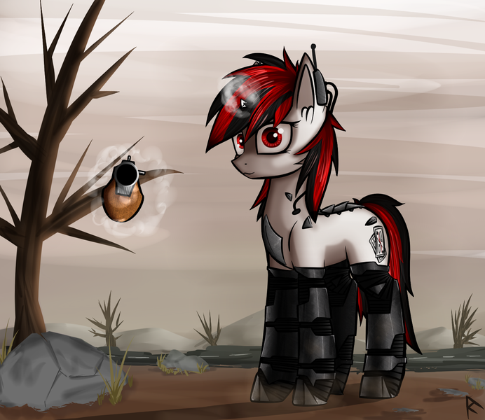 Size: 1500x1300 | Tagged: safe, artist:radinance, artist:thestive19, derpibooru import, oc, oc:blackjack, unofficial characters only, cyborg, pony, unicorn, fallout equestria, fallout equestria: project horizons, fanfic, fanfic art, female, glowing horn, gun, hooves, horn, level 2 (project horizons), levitation, magic, mare, shooty look, small horn, solo, telekinesis, wasteland, weapon