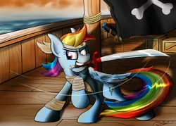 Size: 4200x3000 | Tagged: safe, artist:raptorpwn3, derpibooru import, idw, rainbow dash, pony, absurd resolution, cannon, mouth hold, pirate, pirate dash, ship, solo, sword, weapon