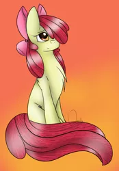 Size: 1024x1471 | Tagged: safe, artist:leyume, derpibooru import, apple bloom, earth pony, pony, adorabloom, cute, female, filly, gradient background, red hair, red tail, sitting, solo, yellow fur