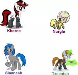 Size: 6683x6450 | Tagged: safe, derpibooru import, oc, oc:blackjack, oc:homage, oc:littlepip, oc:puppysmiles, unofficial characters only, cyborg, earth pony, pony, unicorn, fallout equestria, fanfic, absurd resolution, chaos, clothes, cutie mark, fanfic art, female, filly, foal, glowing horn, gun, handgun, hazmat suit, hooves, horn, khorne, levitation, little macintosh, magic, mare, microphone, nurgle, optical sight, pipbuck, revolver, saddle bag, simple background, slaanesh, telekinesis, text, tzeentch, vault suit, warhammer (game), warhammer 40k, weapon, white background