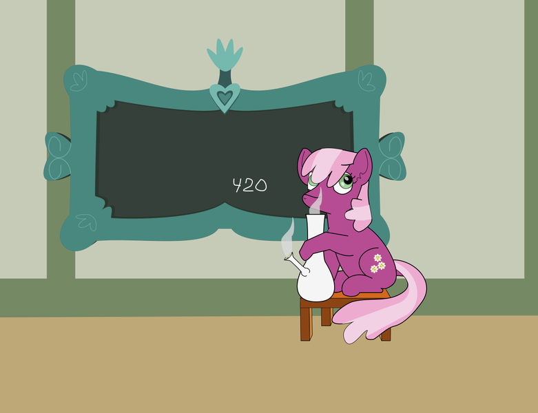 Size: 1415x1087 | Tagged: safe, artist:planetkiller, derpibooru import, cheerilee, earth pony, pony, 420, bong, chalkboard, dock, drugs, looking up, marijuana, solo