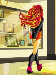 Size: 800x1067 | Tagged: safe, artist:8lunabianca8, derpibooru import, sunset shimmer, equestria girls, basketball, beautiful, boots, clothes, cute, football, hands behind back, high heel boots, jacket, leather jacket, legs, rear view, skirt, solo, trophy, walking, watermark