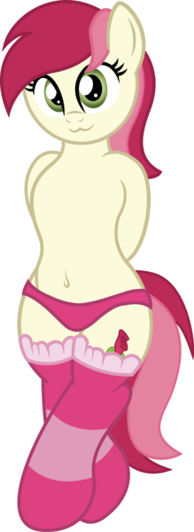 Size: 759x2079 | Tagged: suggestive, artist:digiqrow, deleted from derpibooru, derpibooru import, roseluck, semi-anthro, :3, belly button, bipedal, clothes, female, image, panties, partial nudity, pink underwear, png, simple background, socks, solo, solo female, striped socks, topless, transparent background, underwear, vector