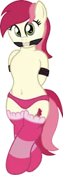 Size: 759x2079 | Tagged: suggestive, alternate version, artist:digiqrow, deleted from derpibooru, derpibooru import, roseluck, semi-anthro, ballgag, belly button, bipedal, bondage, clothes, female, gag, image, panties, partial nudity, pink underwear, png, rope, simple background, socks, solo, solo female, striped socks, tied up, topless, transparent background, underwear, vector