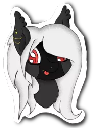 Size: 768x1024 | Tagged: safe, artist:missklang, derpibooru import, oc, unofficial characters only, earth pony, pony, vampire, black coat, bust, colored pupils, ear fluff, ear piercing, earring, edgy, female, jewelry, mare, piercing, portrait, smiling, solo, sticker, white hair