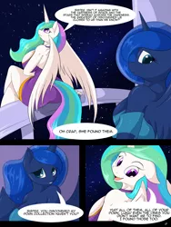 Size: 1280x1705 | Tagged: anthro, artist:suirano, balcony, big breasts, breasts, busty princess celestia, busty princess luna, comic, derpibooru import, dialogue, female, looking back, night, porn collection, porn stash, princess celestia, princess luna, royal sisters, sideboob, smiling, speech bubble, suggestive, the ass was fat