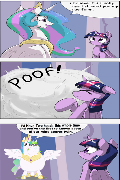 Size: 3457x5169 | Tagged: source needed, useless source url, safe, artist:otakuap, artist:theunknowenone1, derpibooru import, edit, princess celestia, twilight sparkle, twilight sparkle (alicorn), alicorn, pony, absurd resolution, celestia's true form, chubbylestia, comic, conjoined, conjoined twins, fat, image, multiple heads, not salmon, plot twist, png, twin, two heads, wat, wtf