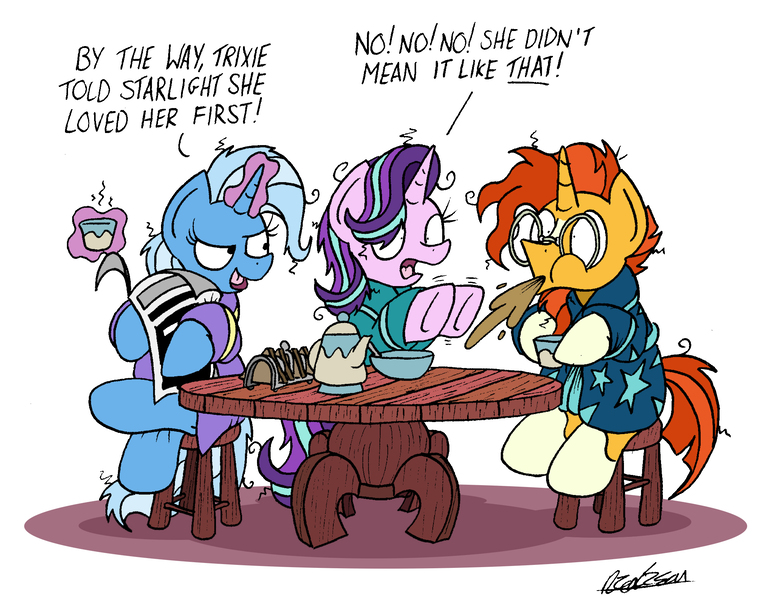 Size: 2048x1588 | Tagged: safe, artist:bobthedalek, derpibooru import, starlight glimmer, sunburst, trixie, pony, unicorn, all bottled up, bathrobe, bed mane, breakfast, clothes, cup, female, implied starburst, inconvenient trixie, male, mare, morning ponies, newspaper, robe, simple background, spit take, stallion, table, teacup, teapot, trio, white background