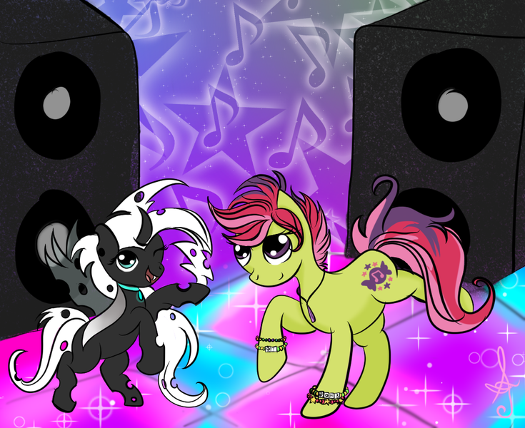 Size: 1037x847 | Tagged: safe, artist:silversthreads, derpibooru import, oc, oc:candy crush, oc:cerys, unofficial characters only, changeling, earth pony, pony, changeling oc, dancing, duo, female, gift art, mare, rave, white changeling