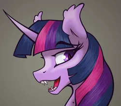 Size: 1121x987 | Tagged: safe, artist:jykinturah, deleted from derpibooru, derpibooru import, twilight sparkle, bat pony, pony, vampire, bust, fangs, race swap, solo, twibat