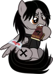 Size: 927x1292 | Tagged: safe, artist:lightningbolt, derpibooru import, ponified, pegasus, pony, .svg available, angry, bandage, biting, blood, book, book abuse, broken wing, clothes, emo, fangs, gerard way, hoof hold, injured, male, my chemical romance, shirt, simple background, sitting, solo, stallion, svg, t-shirt, transparent background, vector