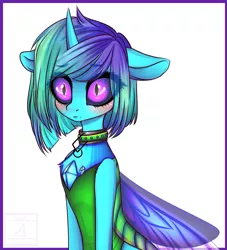 Size: 909x1000 | Tagged: artist:goodammi09, blushing, changedling, changeling, changeling oc, choker, derpibooru import, female, oc, oc:changeling neon, reformed, safe, solo, unofficial characters only