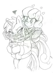 Size: 650x894 | Tagged: safe, artist:kandlin, derpibooru import, bon bon, lyra heartstrings, sweetie drops, anthro, earth pony, unicorn, amused, bon bon is amused, clothes, lineart, lyra is not amused, monochrome, scarf, sketch, traditional art, winter clothes, winter outfit