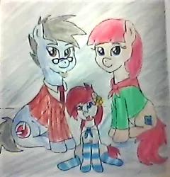 Size: 339x353 | Tagged: artist:kenos, clothes, derpibooru import, family photo, female, filly, oc, oc:ponepony, oc:scarlet topaz, oc:silvershield, safe, socks, striped socks, unofficial characters only